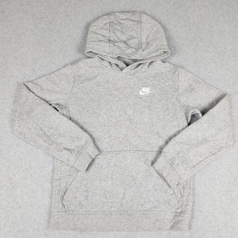 Nike Sportswear Club Hoodie Boys Large‎ Gray Fleece Lined Stretch Pullover Logo
